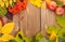 Autumn leaves, rowan berries and apples over wood background