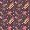 Autumn leaves seamless pattern with reddish-brown background.