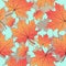 Autumn leaves, seamless pattern, vector background. Yellow orange maple leaf on a blue . For the design of wallpaper