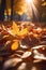 Autumn leaves sun flare lens effect nostalgic lighting cinematic atmosphere generative ai