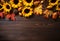 Autumn leaves and sunflowers on wooden background with copy space