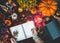 Autumn lifestyle flat lay with empty letter board , hot chocolate, burning candle, pumpkins and yellow fall leaves branches. Top