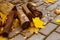 Autumn. Logs of wood lying on the pavement. Yellow maple leaves