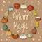 Autumn magic decorative wreath cute cozy banner with pumpkins. Autumn festive poster. Fall harvest greetings postcard