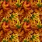 Autumn maple laves in different autumnal green, yellow, orange, red, brown colors seamless pattern on brown background.