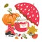 Autumn marmalade jar with autumn items like pumpkin, umbrella, leaves. Vector illustration on white background