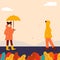 Autumn. Meeting, a walk guy and girl. The girl under umbrellas. Guy, girl in red, orange, yellow.