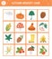 Autumn memory game cards with cute fall season objects. Matching activity with funny characters. Remember and find correct picture