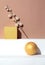 Autumn minimalistic scene decor cube, ball and brunch in styish beige geometry space. Seasonal fall winter wallpaper