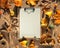 Autumn mockup, white paper on paper pad. Natural Fall leaves, wheat ears, small pumpkins, dry pampas grass. Copy-space