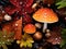 Autumn Moments: Leaves Descend from Trees, Rain Kisses the Forest Floor with Mushrooms