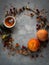 Autumn mood circle composition made from dried nature materials. Fall flatlay with a space for your text in the middle