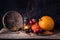 Autumn mood concept. Harvest stillife pimpkin, apples, gas lantern, yellow maple leaf.