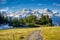 Autumn mood in front of the Garnisch mountain range at Garichtisee, mountain reservoir in glarus switzerland.