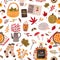 Autumn mood hand drawn vector seamless pattern. Fall season attributes texture. Traditional autumn symbols decorative