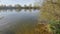 Autumn mood at the lake with bright colors in the leaves and sun