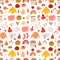 Autumn mood seamless pattern with cozy pleasures, sweaters, socks, books, pumpkins