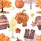 Autumn mood seamless pattern, watercolor painting. Warm sweater, boots, pumpkins, trees with orange and yellow foliage, leaves