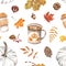 Autumn mood watercolor seamless patter with white background. Hand painted pastel pumpkin, coffee, latte, leaves