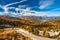 Autumn morning alpine Dolomites mountain scene. Peaceful Valparola Path view, Belluno, Italy