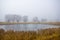 Autumn morning at a forest lake with fog and beautiful warm colors