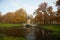 Autumn morning Peel Tower and the bridge in Pavlovsk Park