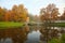 Autumn morning Peel Tower and the bridge in Pavlovsk Park