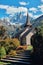 Autumn mountain landscape. Les Praz Church in Chamonix Valley, Alps, France