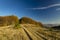 Autumn mountain landscape scenic view brown forest foliage and dirt trail in highland meadow September time