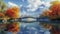 Autumn mountain landscape, water reflection, famous bridge, man made beauty generated