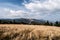 Autumn mountain meadow with hlls on the background and blue sky with clouds