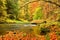 Autumn mountain river. Blurred waves,, fresh green mossy stones and boulders on river bank covered with colorful leaves from old t