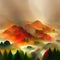 Autumn mountains and forest in fog. Autumn mountains landscape scenic illustration. Digital illustration based on render