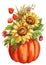 Autumn multicolored bouquet of sunflowers, dry leaves, rowanberry, pumpkins on white background, watercolor illustration