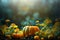Autumn natural garden background, warm seasonal colors, fresh mixed pumpkins, green foliage and orange flowers