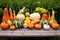 Autumn nature concept. Autumn fruits and vegetables on wooden table. Thanksgiving still life, generative AI concept