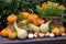 Autumn nature concept. Autumn fruits and vegetables on wooden table. Thanksgiving still life, generative AI concept