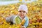 Autumn newborn baby girl lying in maple leaves and looks at camera. Close up portrait.