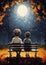 Autumn Night Adventures: Two Children on a Park Bench with a Moonlit Backdrop