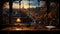 Autumn night, illuminated window, wood lantern, cityscape decoration generated by AI