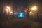 Autumn night park and lights when fog comes. Autumn background. Soft focus. Entrance to the passage, and metro