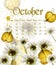 Autumn October calendar with golden leaves Vector. Fall watercolor style decors
