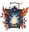 Autumn october leaves halloween lantern decor decoration orange brown postcard print garden comfort isolated element design hand