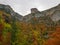 Autumn in Ordesa National Park, Pyrenees, Huesca, Aragon, Spain. With the magnificent coloring formed by the leaves of pines, firs