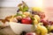 Autumn organic fruit in bowl - healthy seasonal food