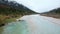 Autumn overcast day on Karwendel Bavarian Prealps and Isar river flow, Germany