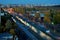 Autumn panorama of the city overlooking Marshal Zhukov street with lively evening traffic of cars