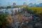 Autumn panorama of the city with a view of the residential quarters and the temple of Serafim Sarovsky under construction.