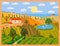 Autumn panorama countryside landscape farm fields. Fall rural rustic view, trees, hills yellow orange foliage. Vector