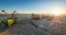 Autumn panorama landscape with fishermans boats